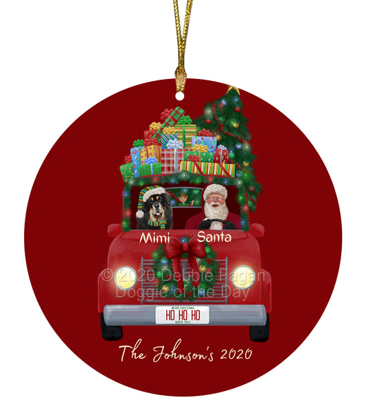 Personalized Red truck Santa with Tibetan Mastiff Dog Ceramic Round Flat Christmas Tree Ornament RFPOR48085