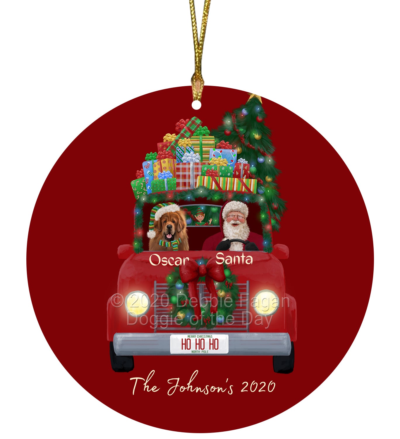 Personalized Red truck Santa with Tibetan Mastiff Dog Ceramic Round Flat Christmas Tree Ornament RFPOR48086