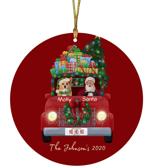 Personalized Red truck Santa with Welsh Corgi Dog Ceramic Round Flat Christmas Tree Ornament RFPOR48092