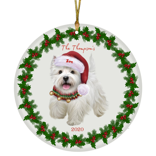 Personalized Holly Berry Trimming West Highland Terrier Dog Ceramic Round Flat Christmas Tree Ornament RFPOR48381