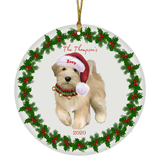 Personalized Holly Berry Trimming Wheaten Terrier Dog Ceramic Round Flat Christmas Tree Ornament RFPOR48383