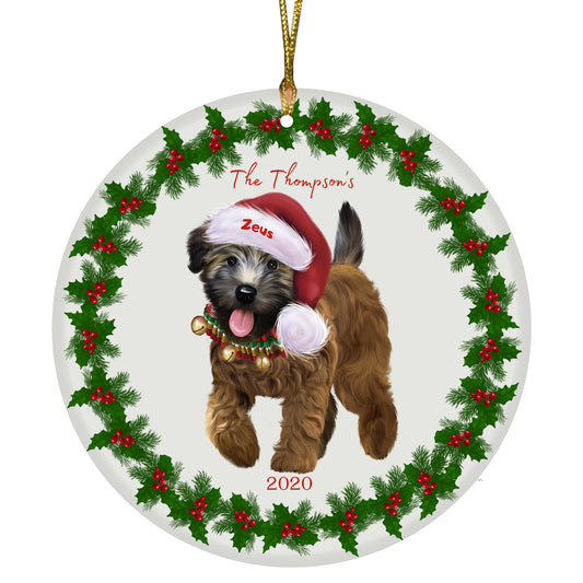 Personalized Holly Berry Trimming Wheaten Terrier Dog Ceramic Round Flat Christmas Tree Ornament RFPOR48384