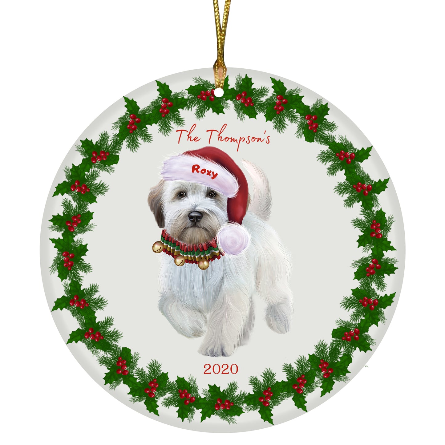 Personalized Holly Berry Trimming Wheaten Terrier Dog Ceramic Round Flat Christmas Tree Ornament RFPOR48385