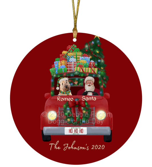 Personalized Red truck Santa with Wheaten Terrier Dog Ceramic Round Flat Christmas Tree Ornament RFPOR48096