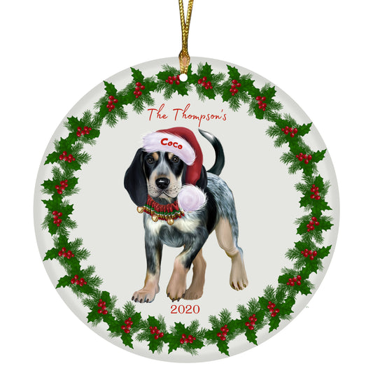 Personalized Holly Berry Trimming Bluetick Coonhound Dog Ceramic Round Flat Christmas Tree Ornament RFPOR48224
