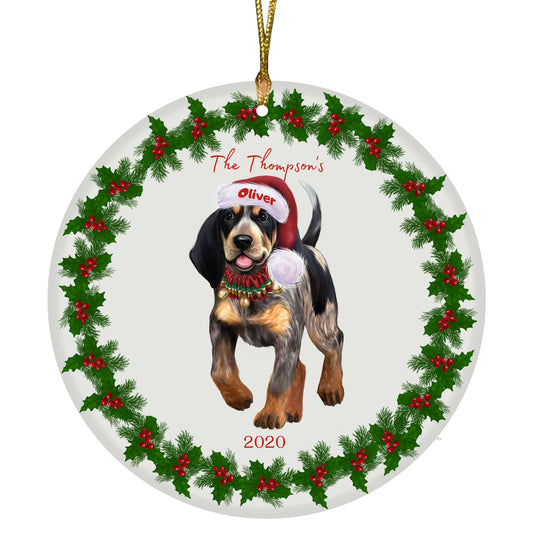 Personalized Holly Berry Trimming Bluetick Coonhound Dog Ceramic Round Flat Christmas Tree Ornament RFPOR48225