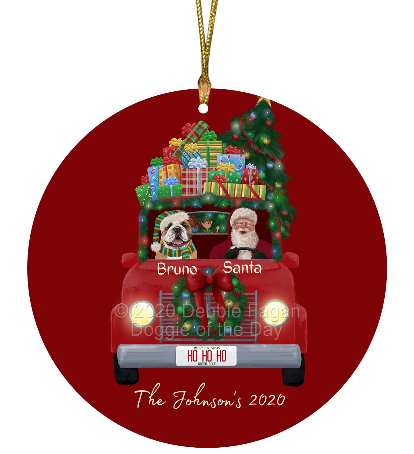 Personalized Red truck Santa with Bulldog Dog Ceramic Round Flat Christmas Tree Ornament RFPOR48024