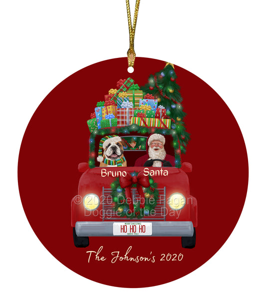 Personalized Red truck Santa with Bulldog Dog Ceramic Round Flat Christmas Tree Ornament RFPOR48024