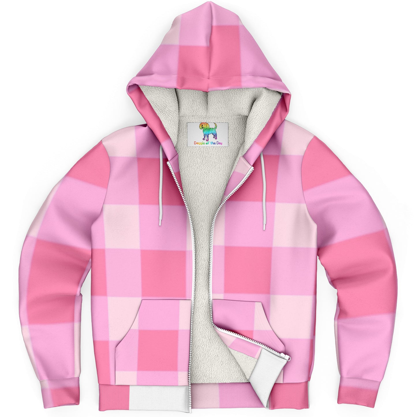 Personalized Grandma Dog Pink Gingham Microfleece Zip-Up Hoddie Hooded Lined
