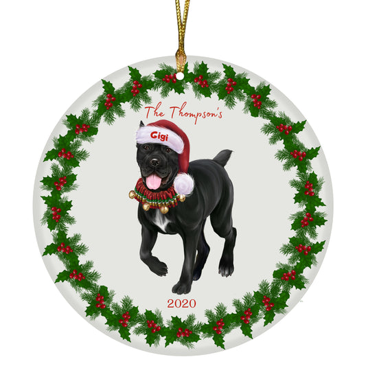 Personalized Holly Berry Trimming Cane Corso Dog Ceramic Round Flat Christmas Tree Ornament RFPOR48243