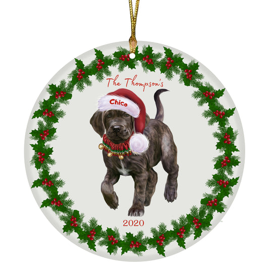 Personalized Holly Berry Trimming Cane Corso Dog Ceramic Round Flat Christmas Tree Ornament RFPOR48244