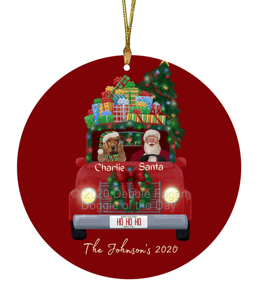 Personalized Red truck Santa with Cocker Spaniel Dog Ceramic Round Flat Christmas Tree Ornament RFPOR48029