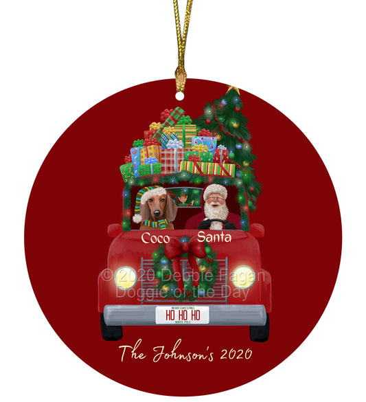 Personalized Red truck Santa with Dachshund Dog Ceramic Round Flat Christmas Tree Ornament RFPOR48030
