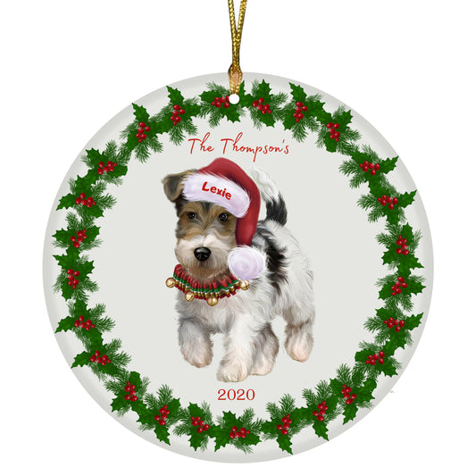 Personalized Holly Berry Trimming Wire Fox Terrier Dog Ceramic Round Flat Christmas Tree Ornament RFPOR48281