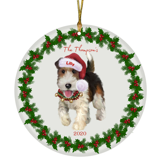 Personalized Holly Berry Trimming Wire Fox Terrier Dog Ceramic Round Flat Christmas Tree Ornament RFPOR48282