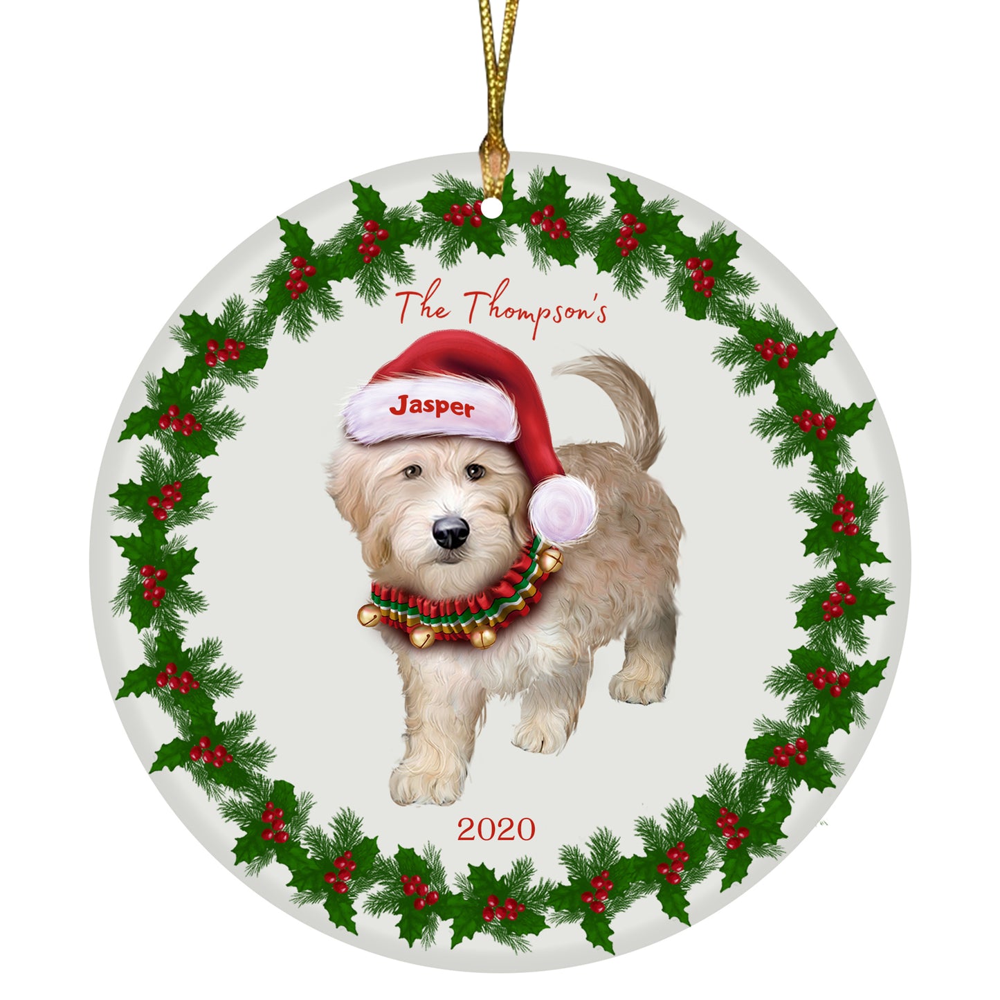 Personalized Holly Berry Trimming Goldendoodle Dog Ceramic Round Flat Christmas Tree Ornament RFPOR48289