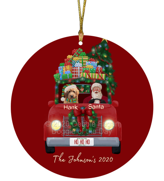 Personalized Red truck Santa with Goldendoodle Dog Ceramic Round Flat Christmas Tree Ornament RFPOR48041