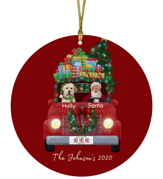 Personalized Red truck Santa with Labrador Dog Ceramic Round Flat Christmas Tree Ornament RFPOR48051