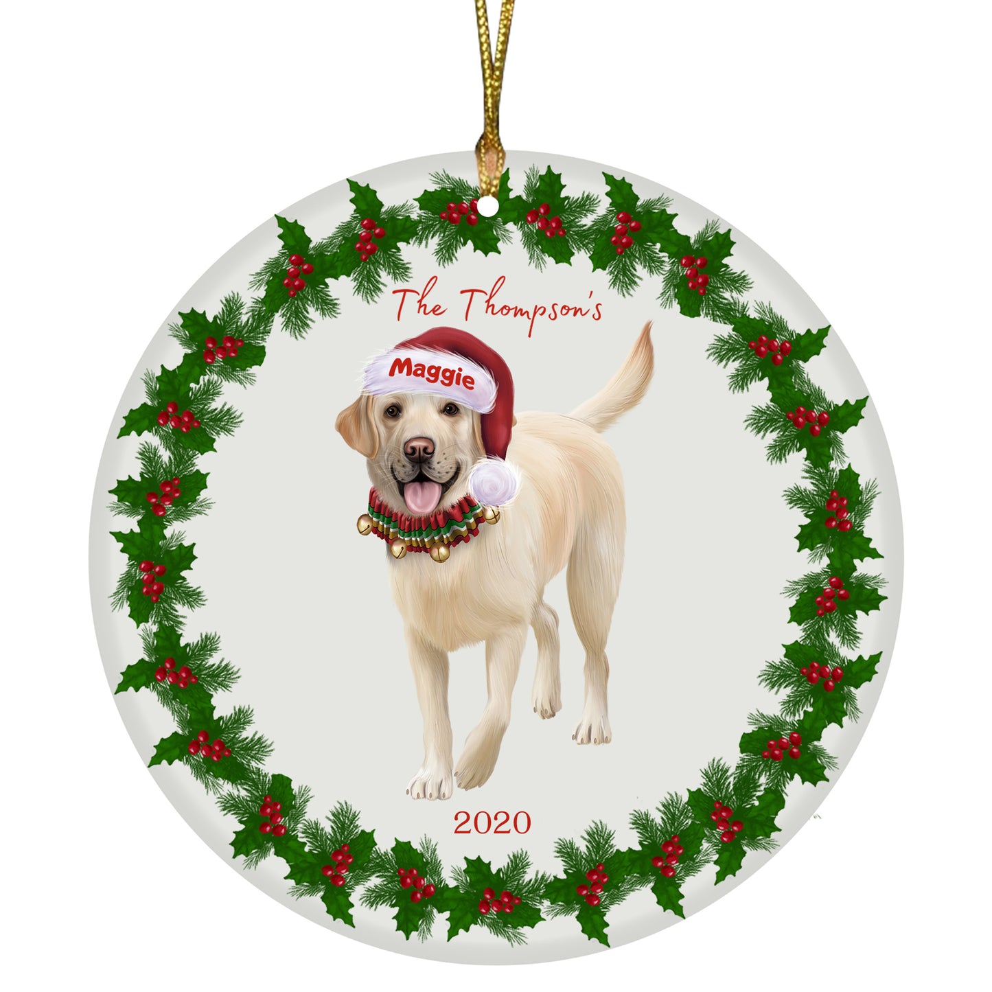 Personalized Holly Berry Trimming Labrador Retriever Dog Ceramic Round Flat Christmas Tree Ornament RFPOR48300