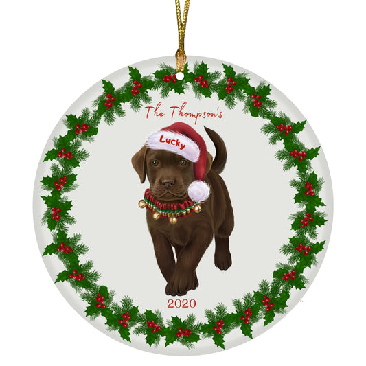 Personalized Holly Berry Trimming Labrador Retriever Dog Ceramic Round Flat Christmas Tree Ornament RFPOR48301