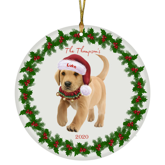 Personalized Holly Berry Trimming Labrador Retriever Dog Ceramic Round Flat Christmas Tree Ornament RFPOR48303