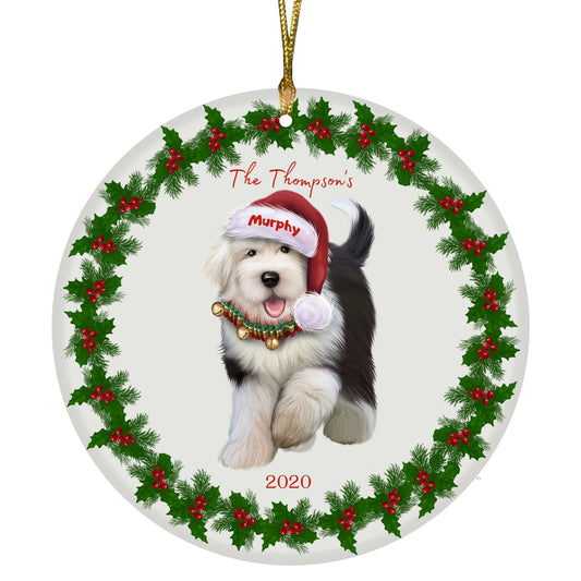 Personalized Holly Berry Trimming Old English Sheepdog Ceramic Round Flat Christmas Tree Ornament RFPOR48316