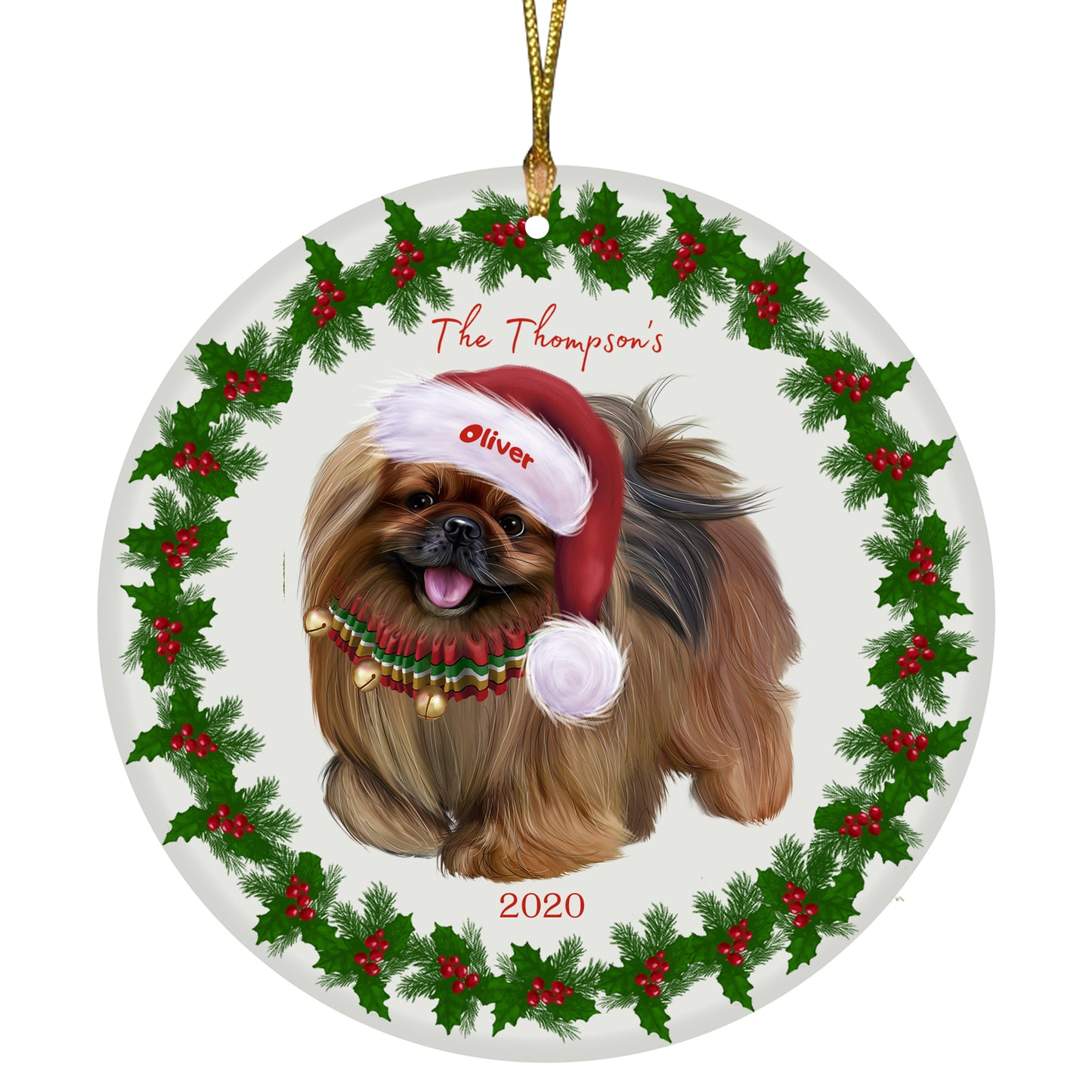 Personalized Holly Berry Trimming Pekingese Dog Ceramic Round Flat Christmas Tree Ornament RFPOR48319