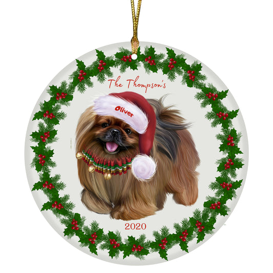Personalized Holly Berry Trimming Pekingese Dog Ceramic Round Flat Christmas Tree Ornament RFPOR48319