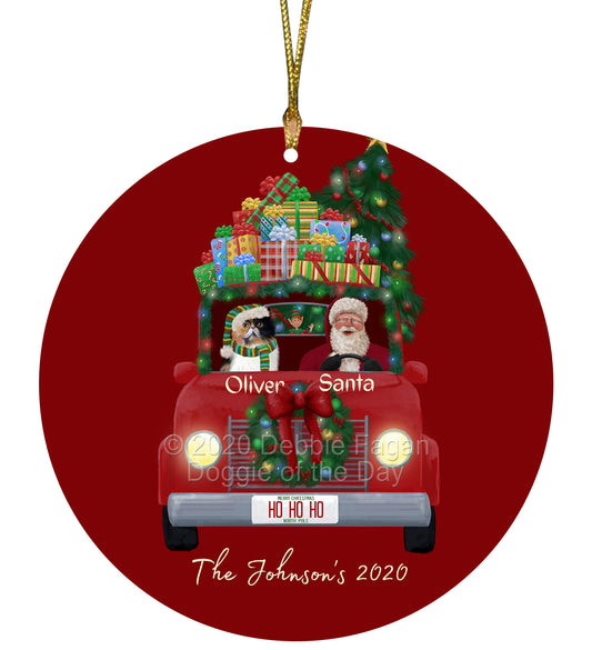 Personalized Red truck Santa with Persian Cat Ceramic Round Flat Christmas Tree Ornament RFPOR48059