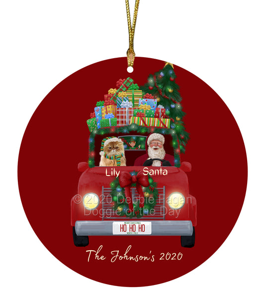 Personalized Red truck Santa with Persian Cat Ceramic Round Flat Christmas Tree Ornament RFPOR48062