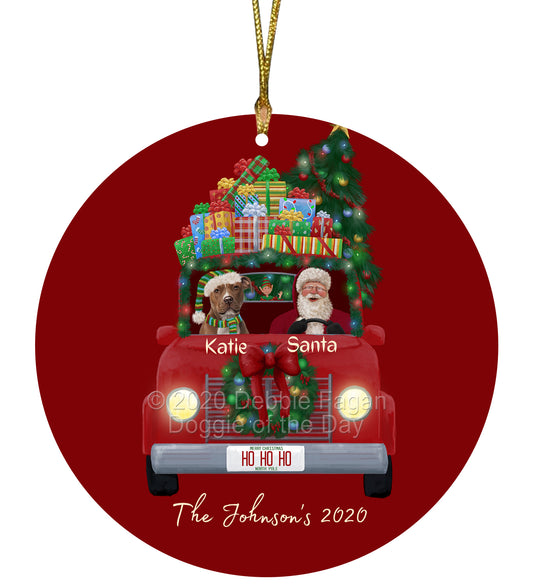 Personalized Red truck Santa with Pitbull Dog Ceramic Round Flat Christmas Tree Ornament RFPOR48064
