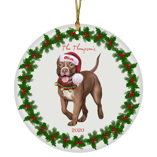 Personalized Holly Berry Trimming Pit Bull Dog Ceramic Round Flat Christmas Tree Ornament RFPOR48327