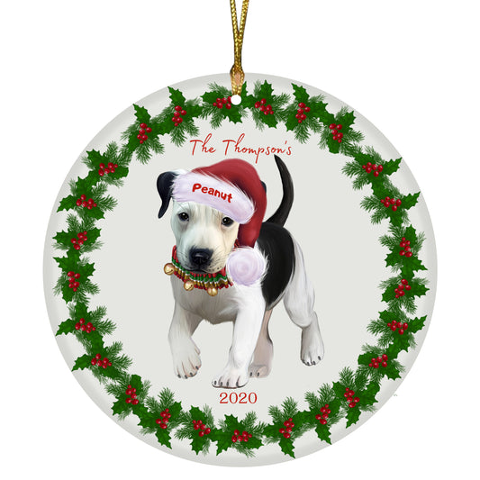 Personalized Holly Berry Trimming Pit Bull Dog Ceramic Round Flat Christmas Tree Ornament RFPOR48328