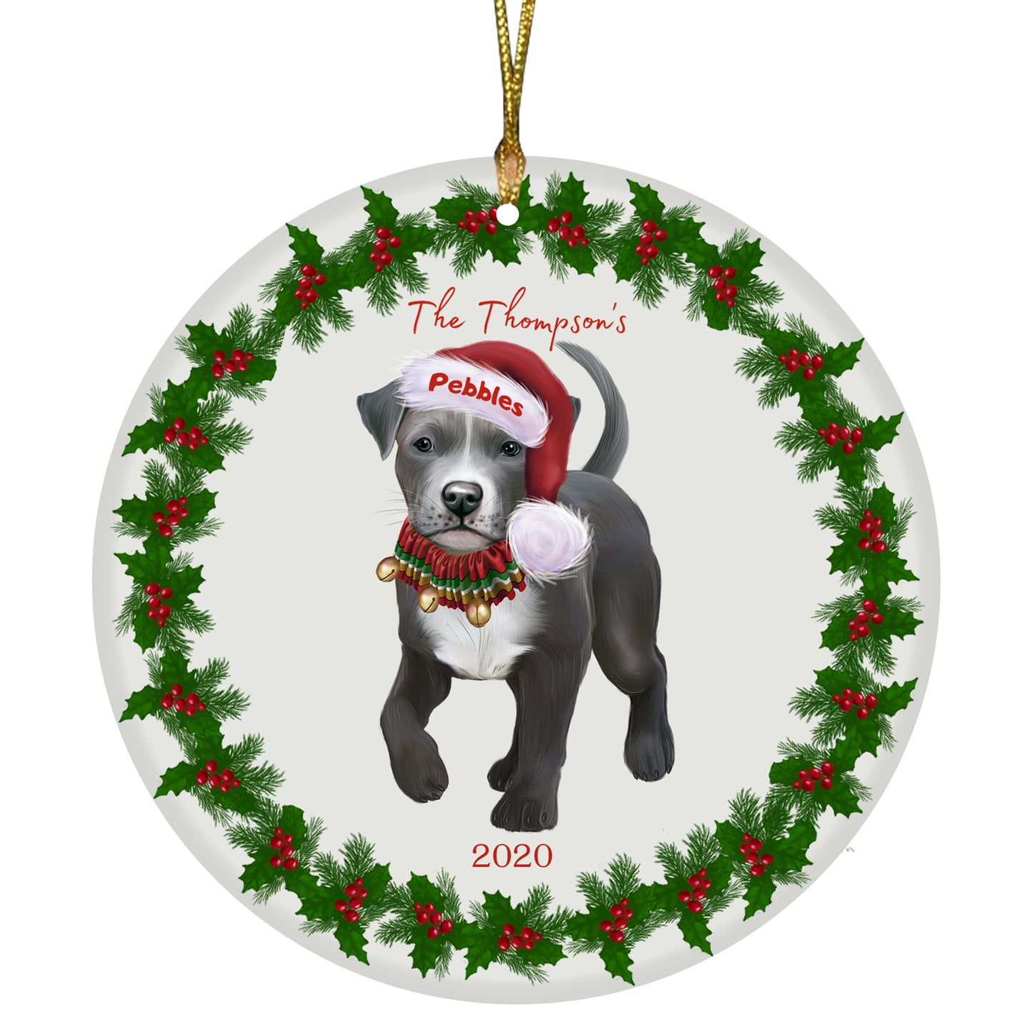 Personalized Holly Berry Trimming Pit Bull Dog Ceramic Round Flat Christmas Tree Ornament RFPOR48329