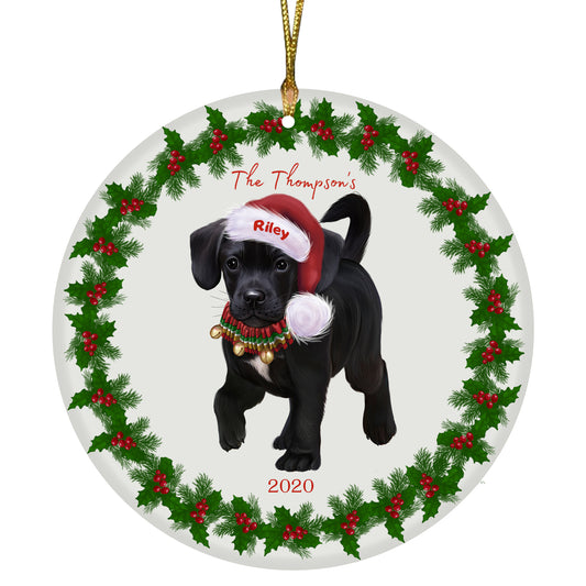 Personalized Holly Berry Trimming Puggle Dog Ceramic Round Flat Christmas Tree Ornament RFPOR48341