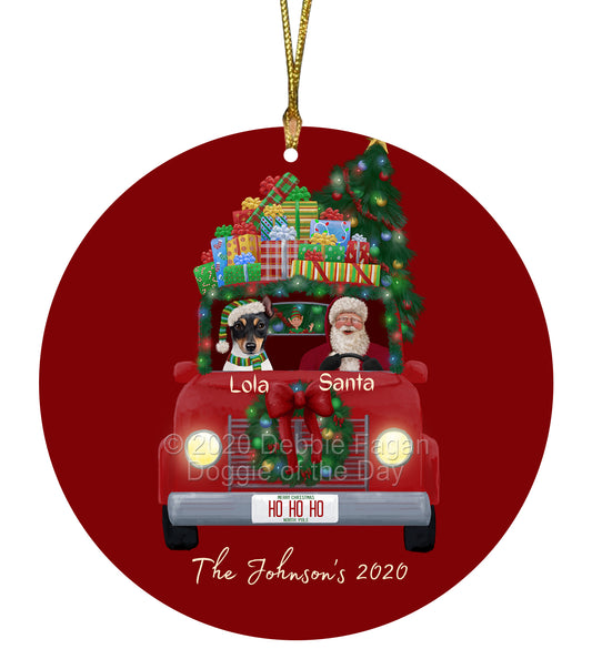 Personalized Red truck Santa with Rat Terrier Dog Ceramic Round Flat Christmas Tree Ornament RFPOR48072