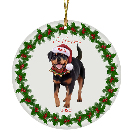 Personalized Holly Berry Trimming Rottweiler Dog Ceramic Round Flat Christmas Tree Ornament RFPOR48343