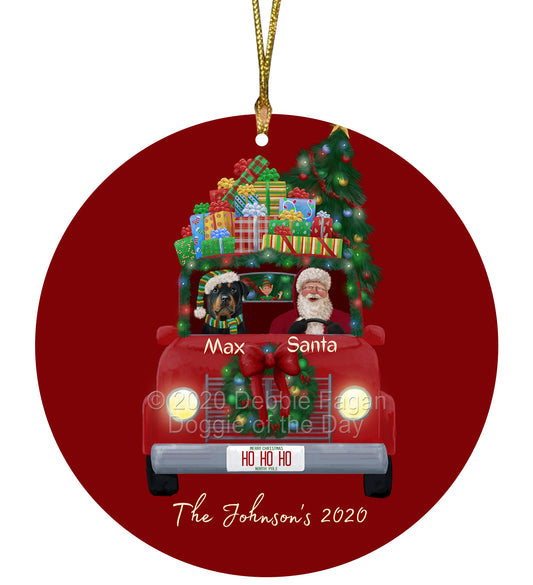 Personalized Red truck Santa with Rottweiler Dog Ceramic Round Flat Christmas Tree Ornament RFPOR48073