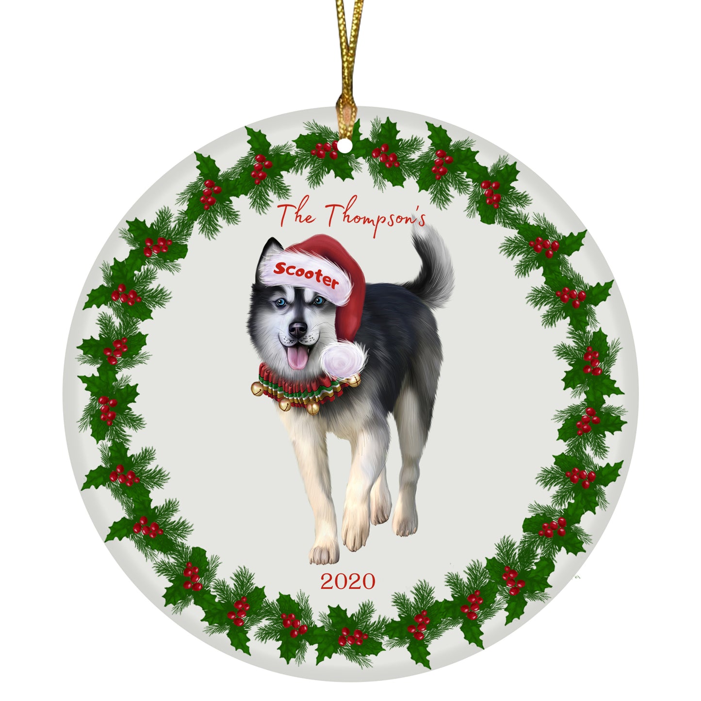 Personalized Holly Berry Trimming Siberian Husky Dog Ceramic Round Flat Christmas Tree Ornament RFPOR48356