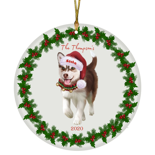 Personalized Holly Berry Trimming Siberian Husky Dog Ceramic Round Flat Christmas Tree Ornament RFPOR48357