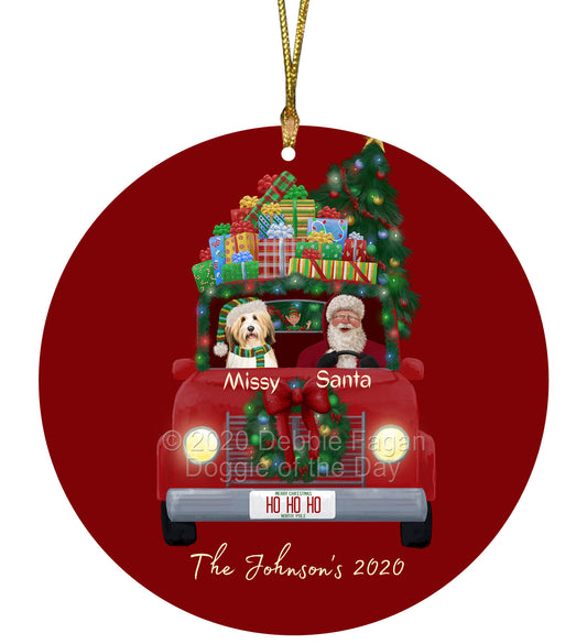 Personalized Red truck Santa with Tibetan Terrier Dog Ceramic Round Flat Christmas Tree Ornament RFPOR48087
