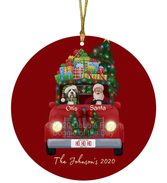 Personalized Red truck Santa with Tibetan Terrier Dog Ceramic Round Flat Christmas Tree Ornament RFPOR48088