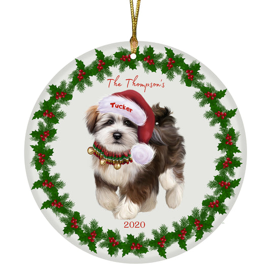 Personalized Holly Berry Trimming Tibetan Terrier Dog Ceramic Round Flat Christmas Tree Ornament RFPOR48376