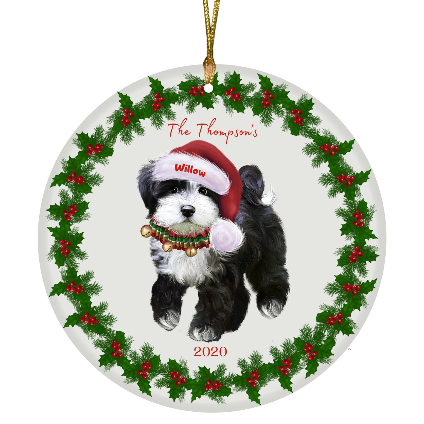 Personalized Holly Berry Trimming Tibetan Terrier Dog Ceramic Round Flat Christmas Tree Ornament RFPOR48377
