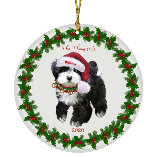 Personalized Holly Berry Trimming Tibetan Terrier Dog Ceramic Round Flat Christmas Tree Ornament RFPOR48377