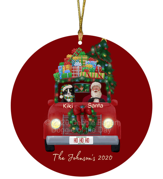 Personalized Red truck Santa with Tuxedo Cat Ceramic Round Flat Christmas Tree Ornament RFPOR48090
