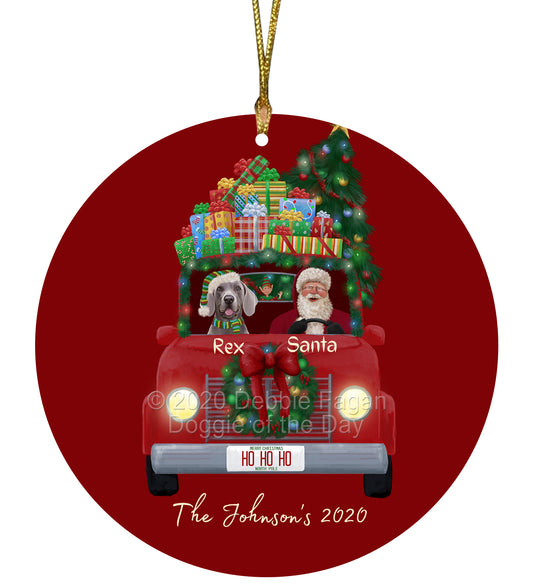 Personalized Red truck Santa with Weimaraner Dog Ceramic Round Flat Christmas Tree Ornament RFPOR48091