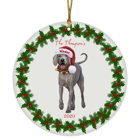 Personalized Holly Berry Trimming Weimaraner Dog Ceramic Round Flat Christmas Tree Ornament RFPOR48380