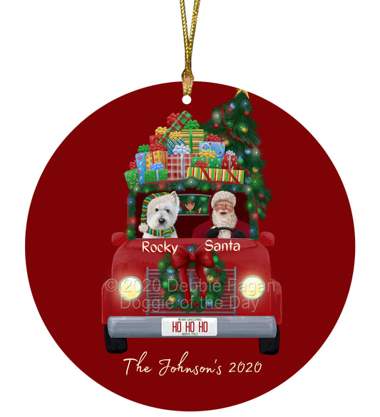 Personalized Red truck Santa with West Highland Terrier Dog Ceramic Round Flat Christmas Tree Ornament RFPOR48094