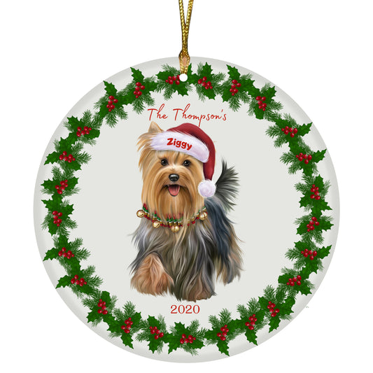 Personalized Holly Berry Trimming Yorkshire Terrier Dog Ceramic Round Flat Christmas Tree Ornament RFPOR48386